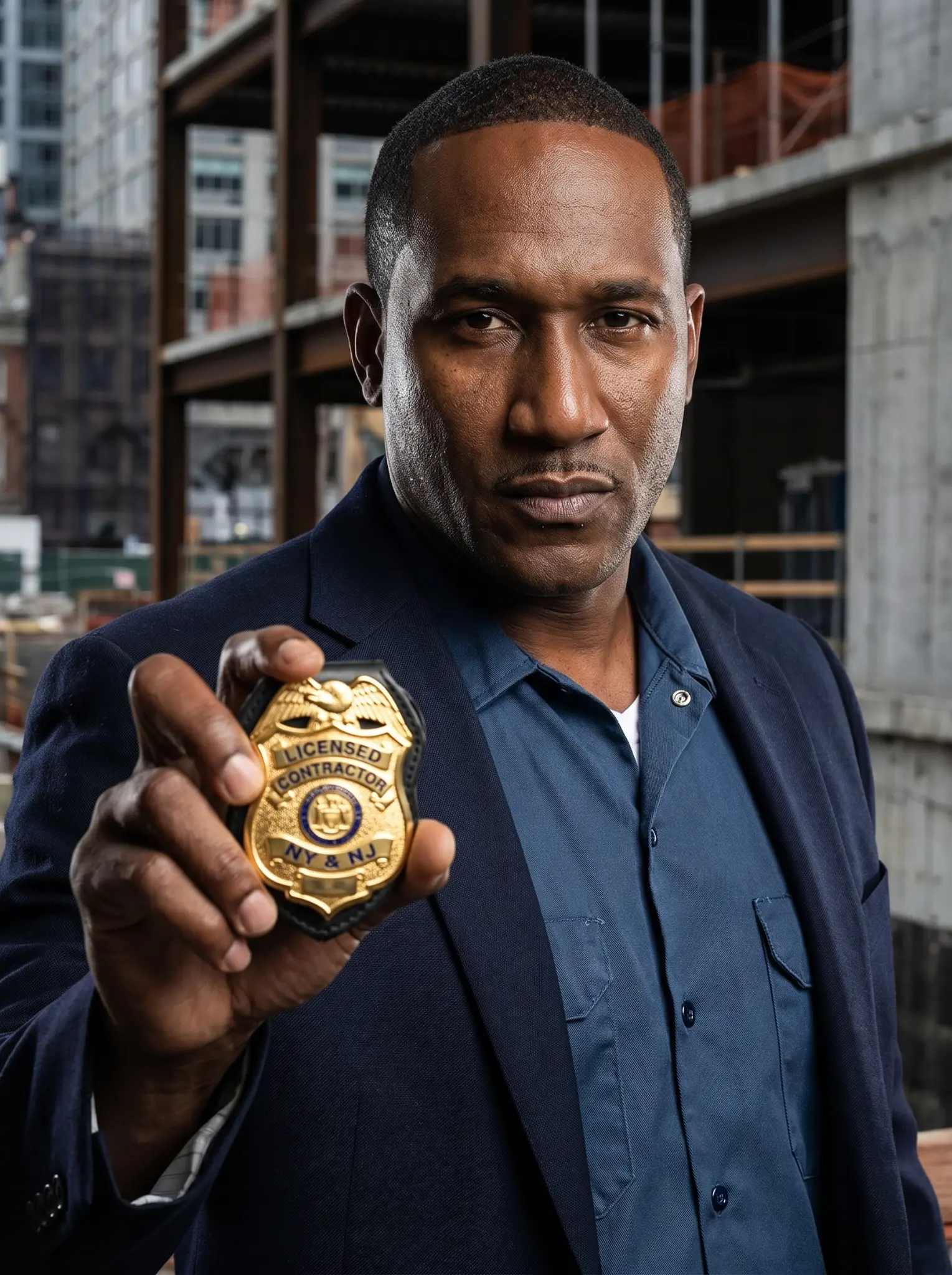 Michael Bailey, licensed NJ and NY general contractor, holding his contractor badge at a Brooklyn construction site — Bailey Bros Contracting LLC